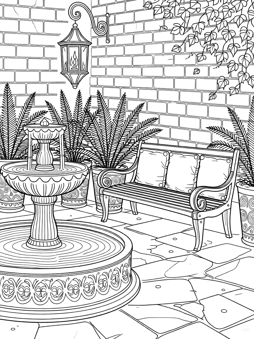 A quiet courtyard fountain trickling beside a bench and potted ferns.