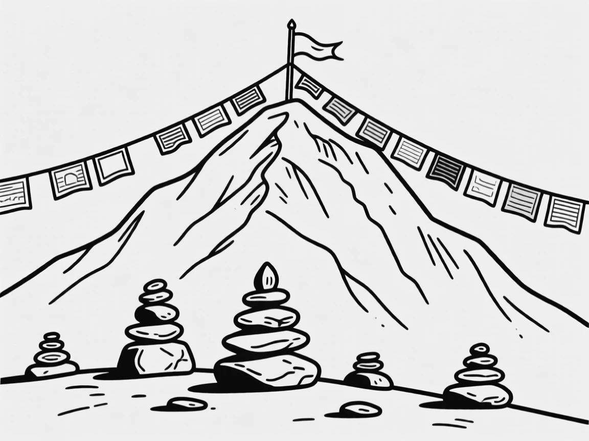 A famous mountain summit marked with prayer flags and cairns