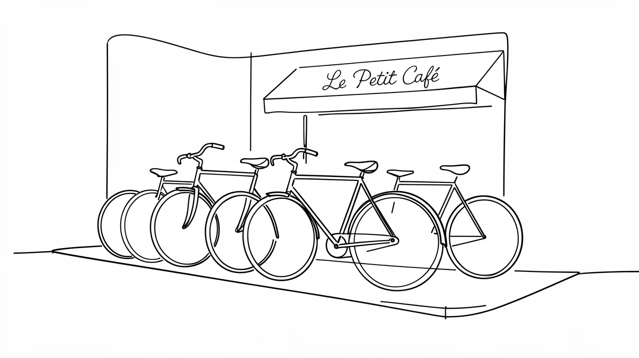 A row of vintage bicycles parked outside a corner café