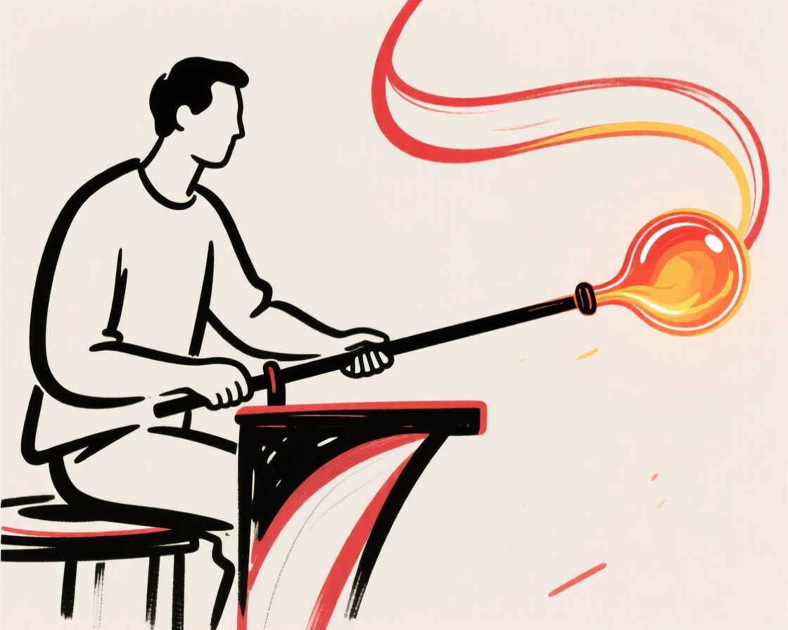 A glassblower shaping molten glass at the end of a long pipe.
