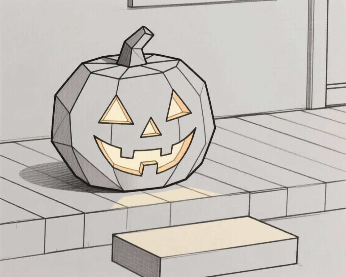 A jack-o'-lantern carved and glowing on a porch