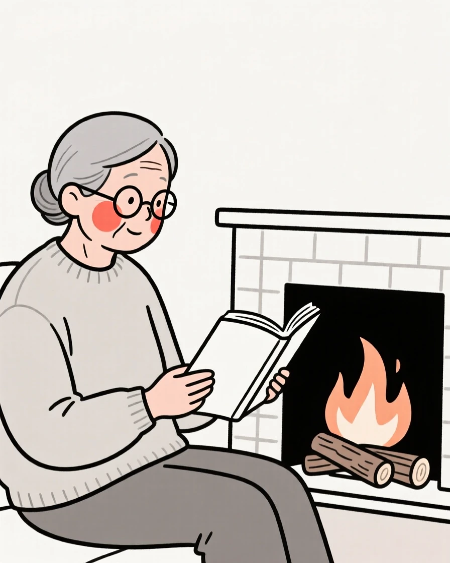 An elderly woman reading a book by a fireplace.