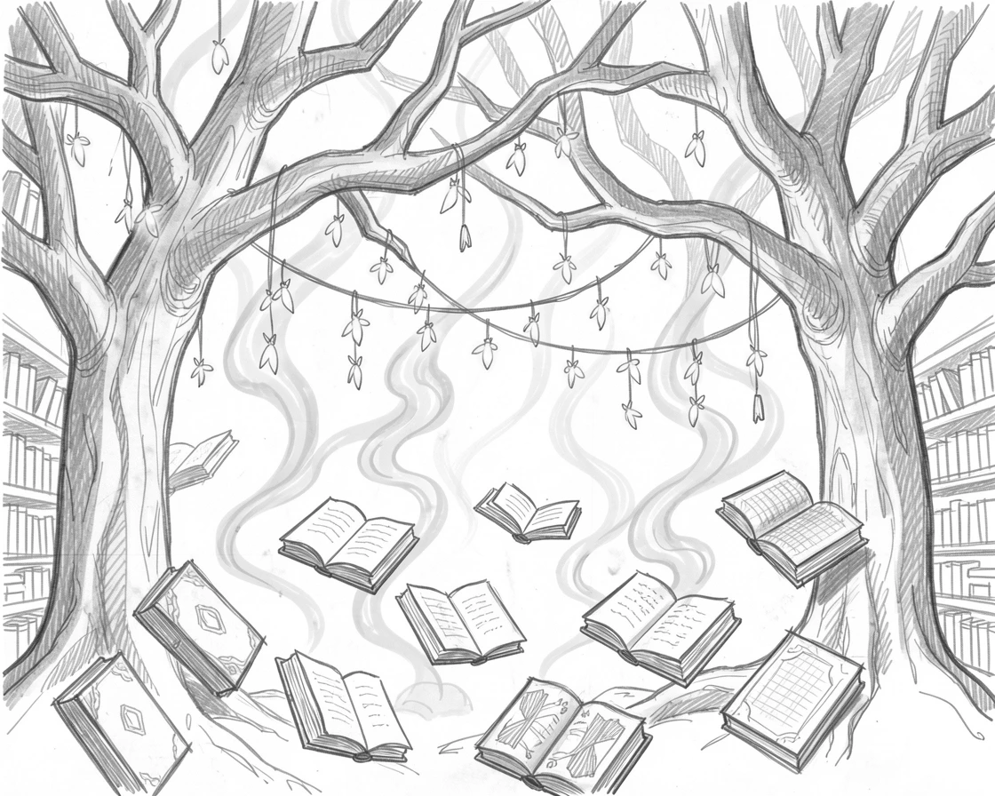 An epic fantasy scene of an enchanted library with floating books beneath branches strung with fireflies, with mist curling like living smoke.