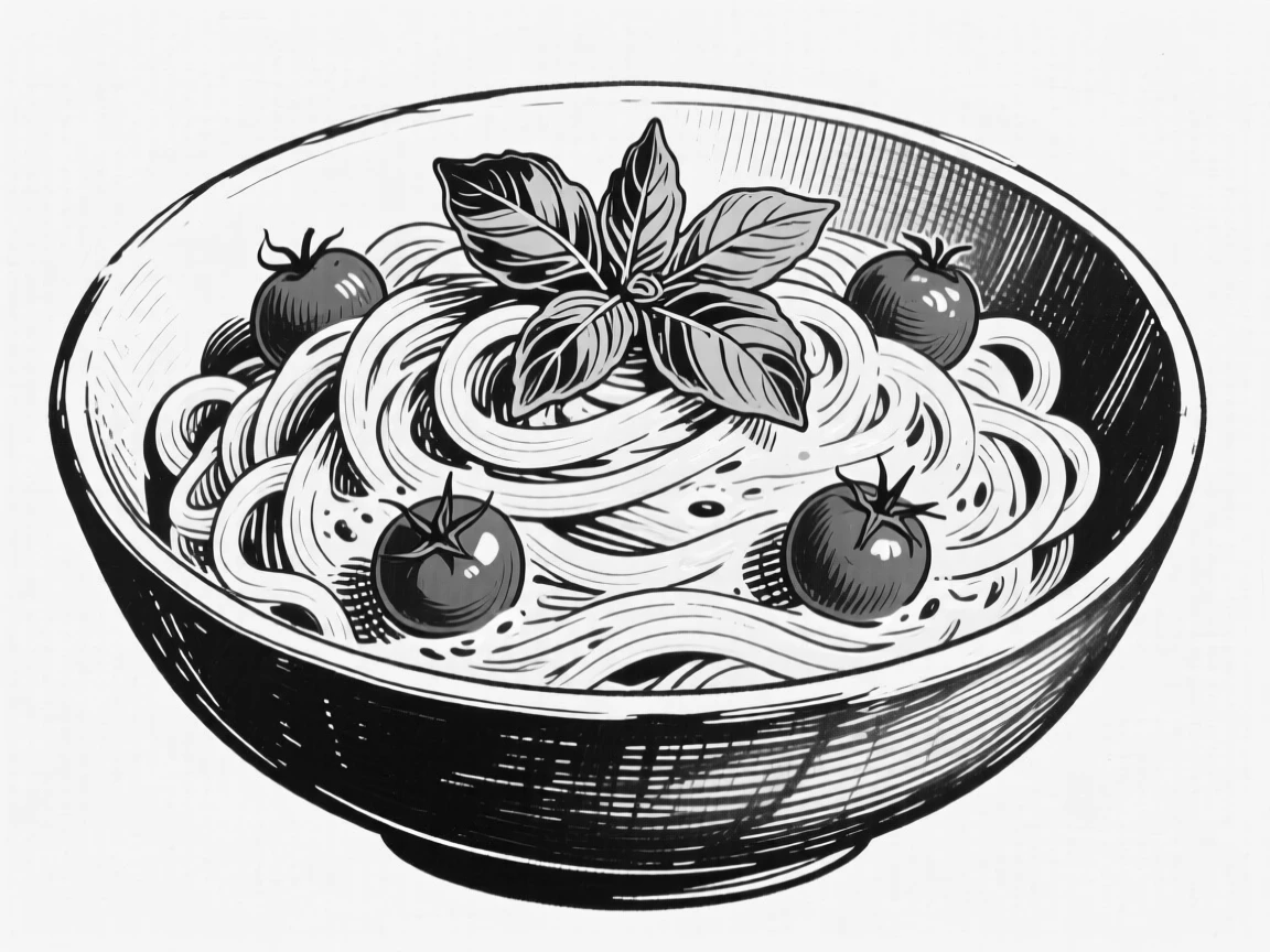 A bowl of creamy pasta tossed with fresh basil and cherry tomatoes.