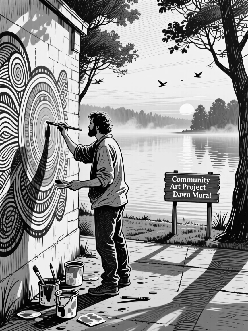 A street artist painting a mural beside a tranquil lake at dawn, with long shadows stretching across the ground, creating a warm and heartfelt lifestyle scene.