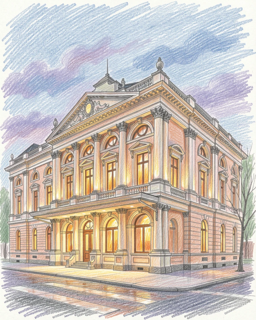 A grand opera house glowing warmly before an evening performance, with a gentle play of light and shadow across the composition, full of charm, emotion, and visual delight.