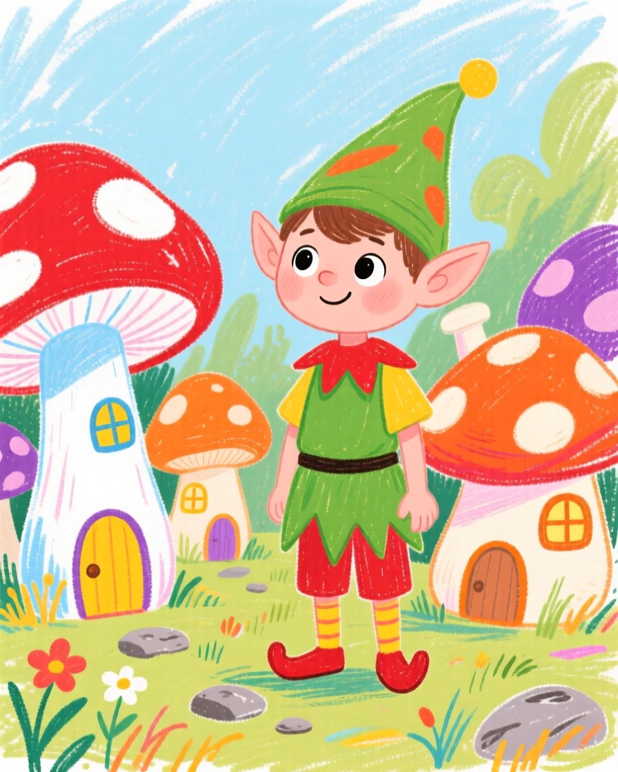 A garden elf watching over a village of tiny mushroom houses.