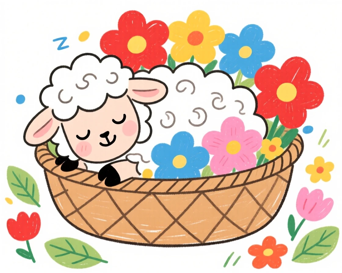 A woolly lamb napping in a basket of soft flowers.