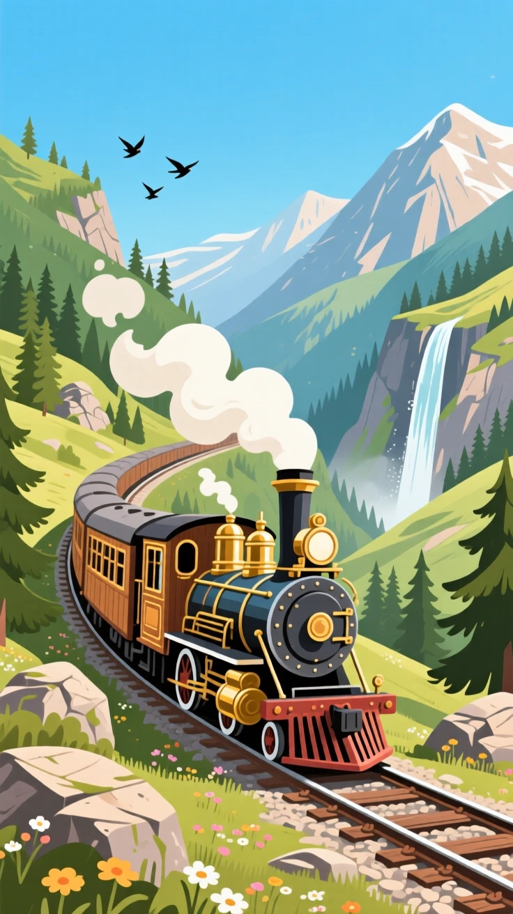 A vintage train winding through a scenic mountain pass, under a clear crisp blue sky, composed with charming architectural details in focus, with a joyful, adventurous atmosphere.