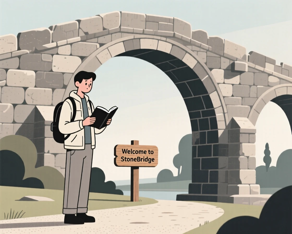 A traveler reading a guidebook near an ancient stone bridge.