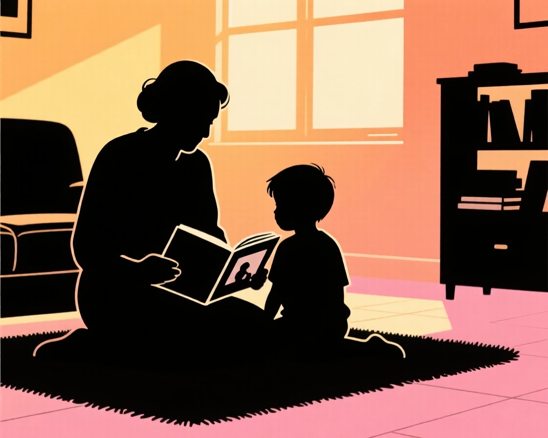 A grandmother showing her grandchild an old photo album on the living room floor.