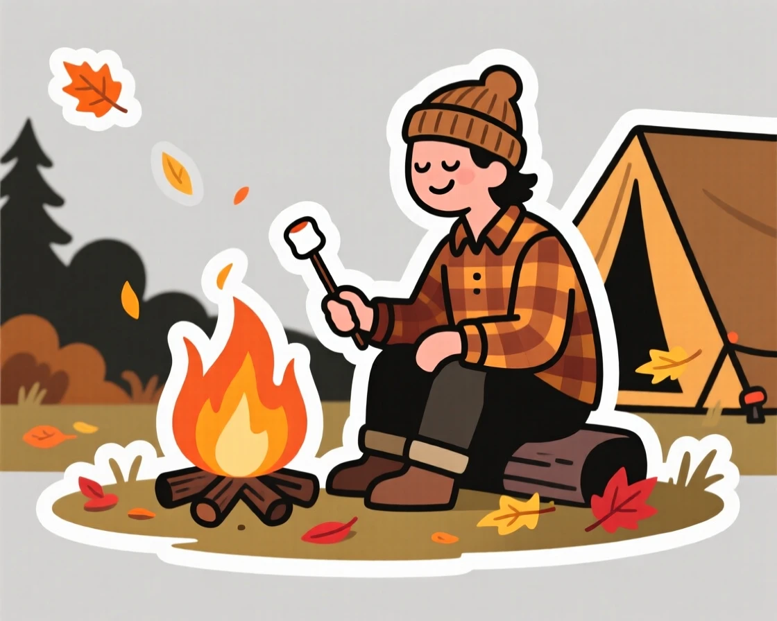 A calm and content camper roasting marshmallows over a fire, taking a short pause to admire their progress, during a golden autumn afternoon.