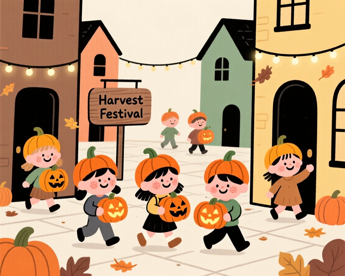 Children in little pumpkin hats carry carved pumpkins through a small town square decorated for a harvest festival, giggling at every doorway.