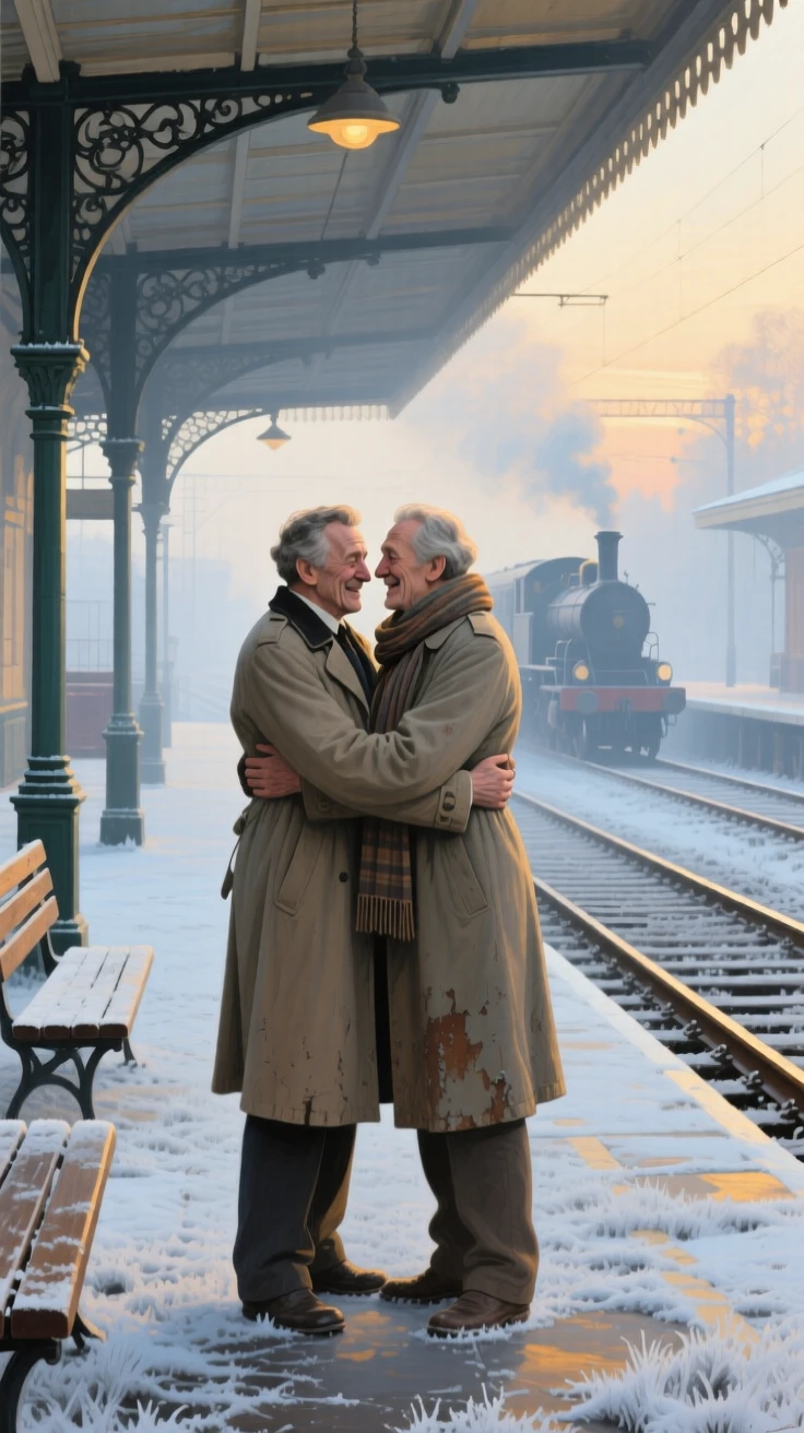 A centered composition of two old friends embracing warmly after years apart on a train platform, in early morning light, beneath fresh fallen frost.