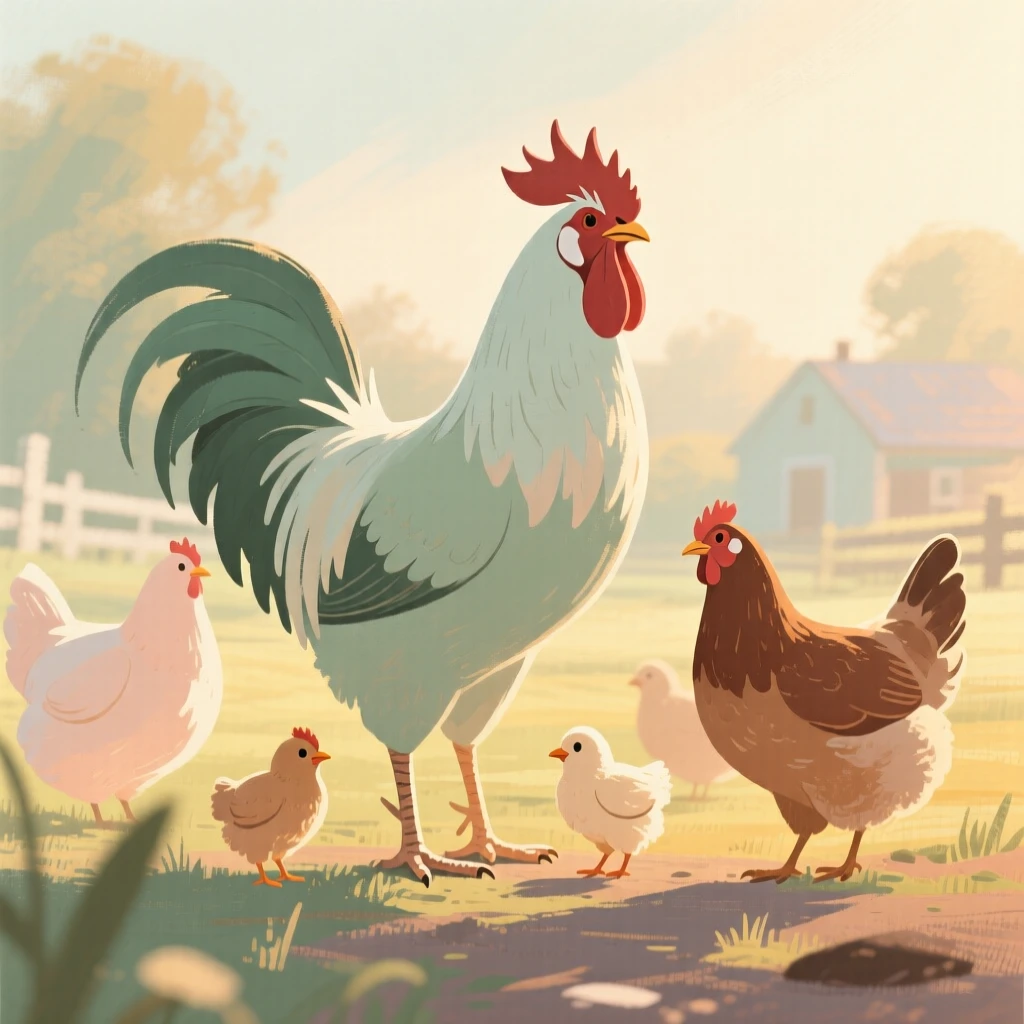A farmyard scene with a rooster, hens, and chicks in morning light