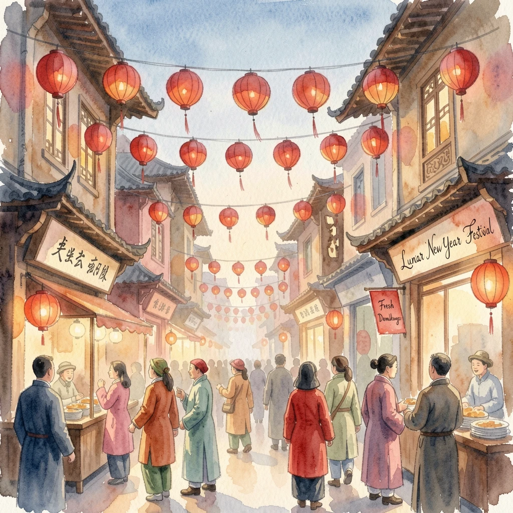 A Lunar New Year street filled with red lanterns.