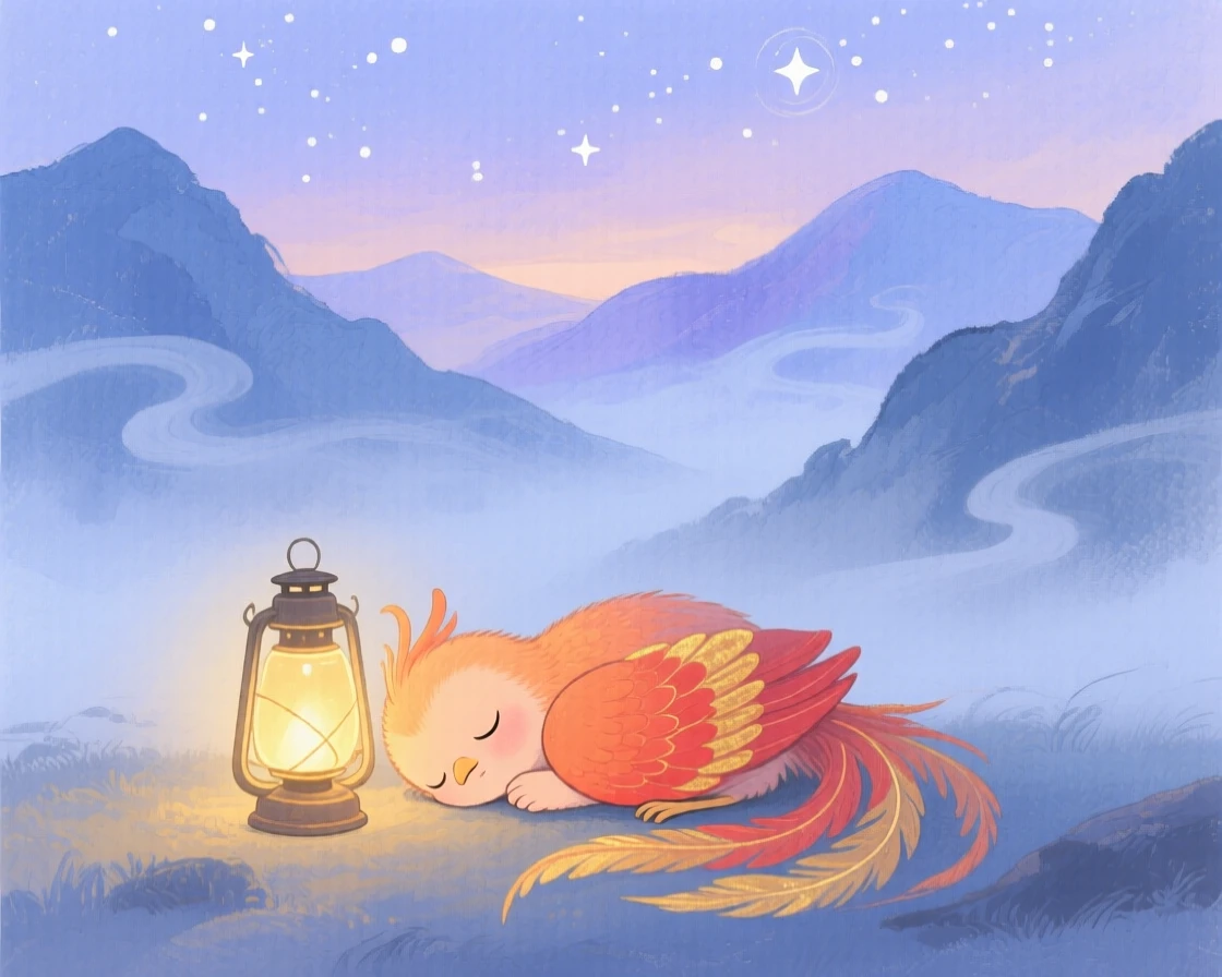 A tiny baby phoenix curls asleep beside a glowing lantern in a misty mountain valley, with stars beginning to appear overhead