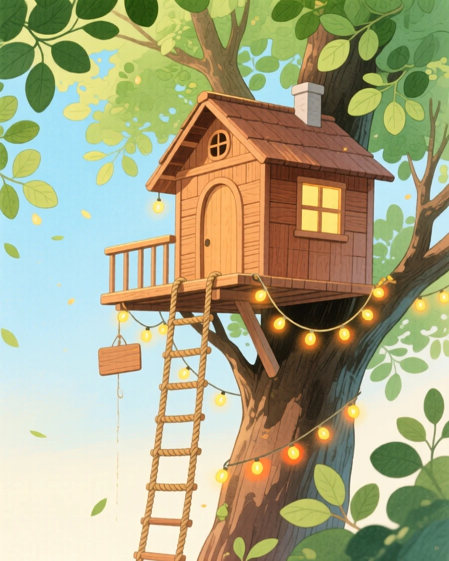 A peaceful view of a treehouse with a rope ladder and fairy lights.