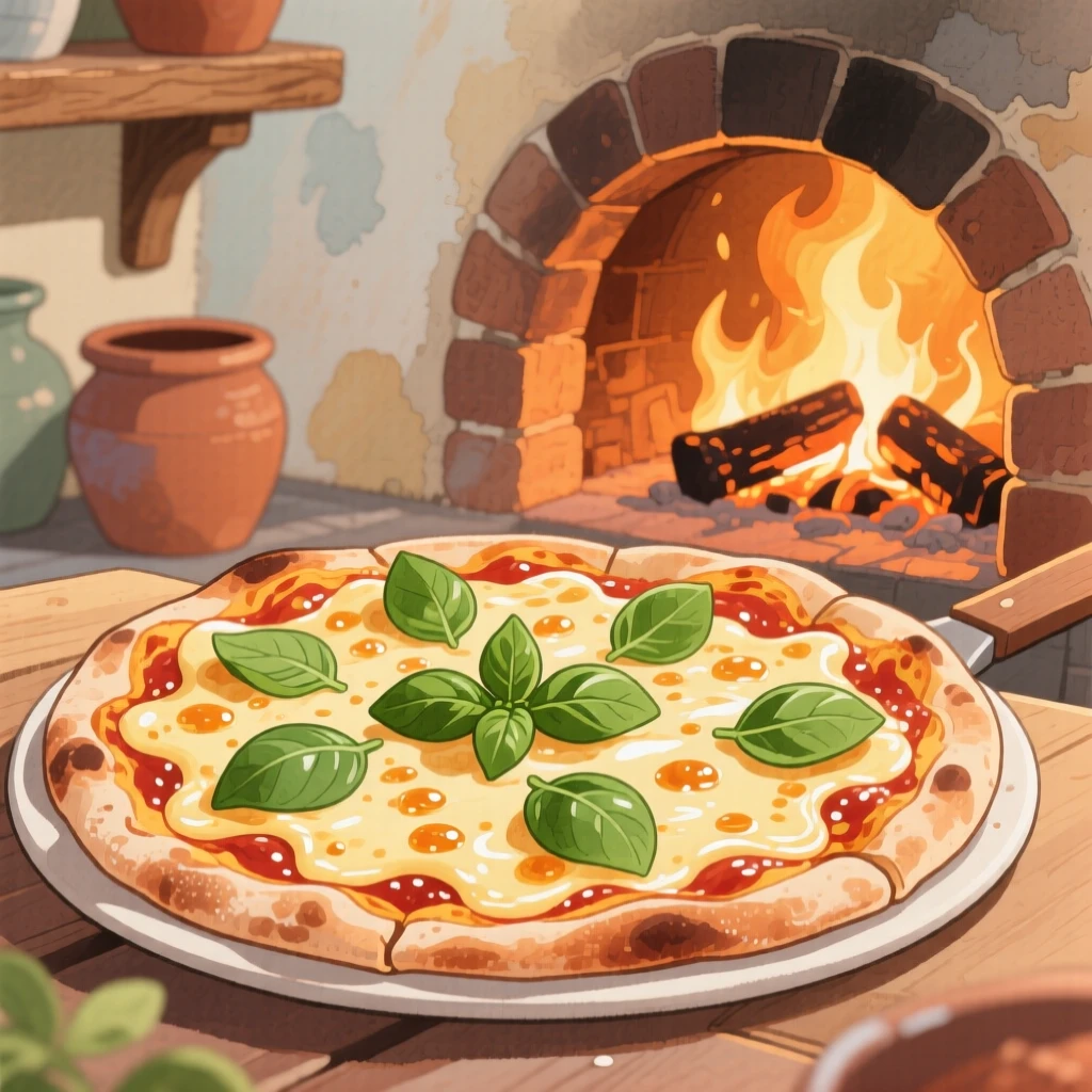 A pizza fresh from a wood-fired oven with bubbling cheese and basil leaves, inspiring appetite and nostalgic comfort.