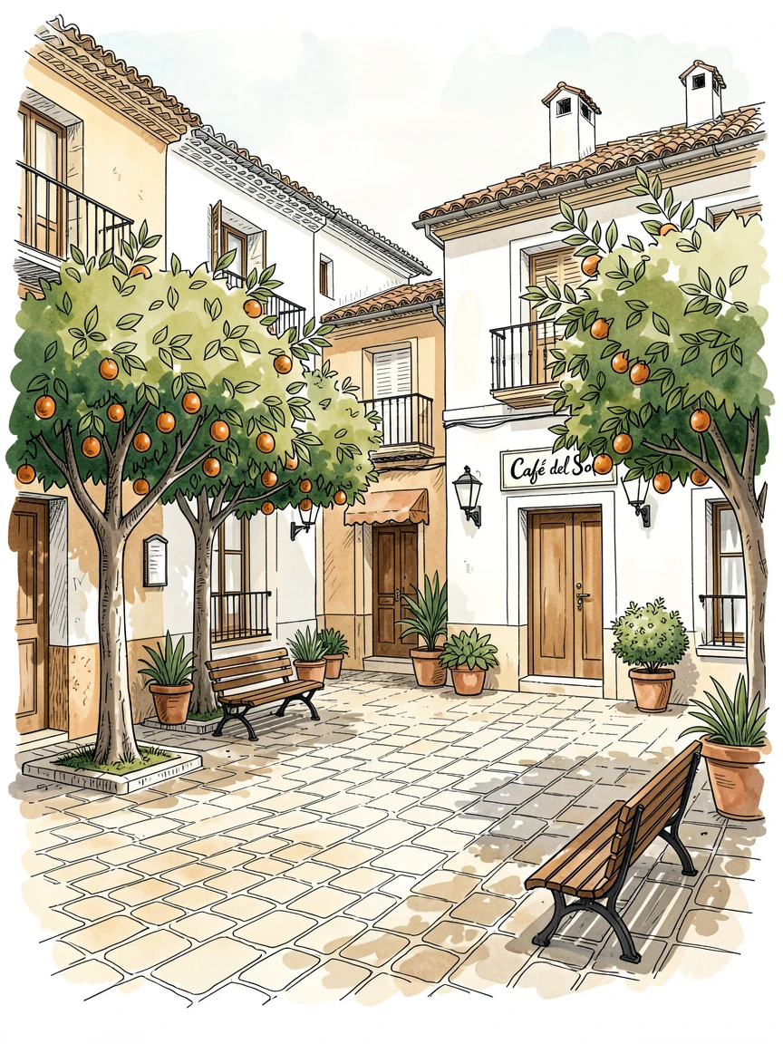 A quiet plaza in an old Spanish town lined with orange trees, the scene rich with texture and quiet character.