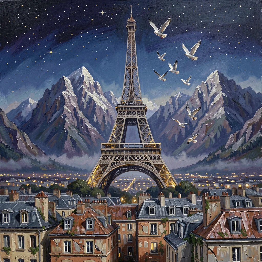 An iconic iron lattice tower rising above a European capital, with mountains rising dramatically in the background, birds circling above the weathered rooftops, under a canopy of stars, distant lights twinkling below.