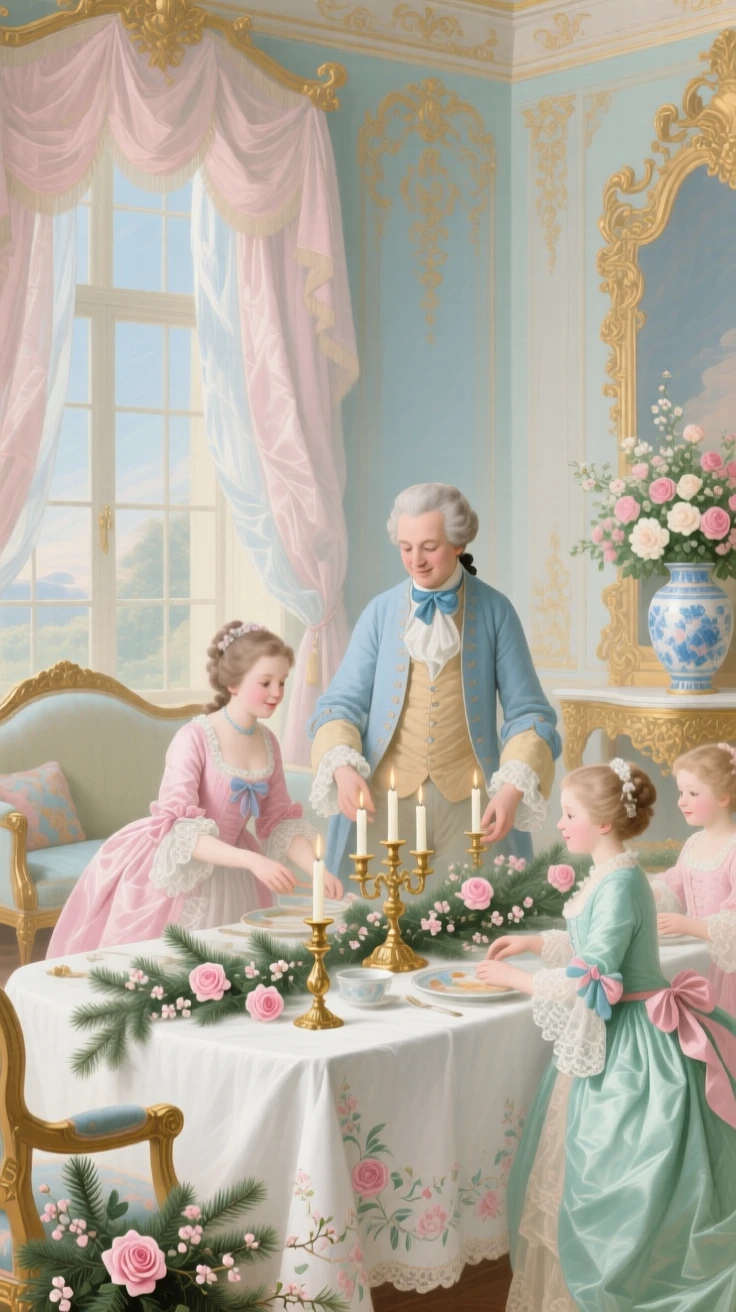 A family preparing a holiday table with candles and evergreen branches  