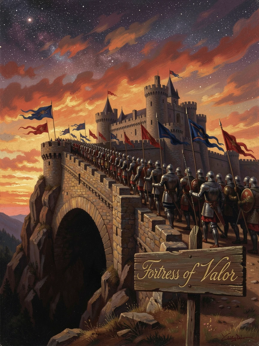 An army walks the ramparts of a castle silhouetted against a blazing sunset beneath a canopy of stars.
