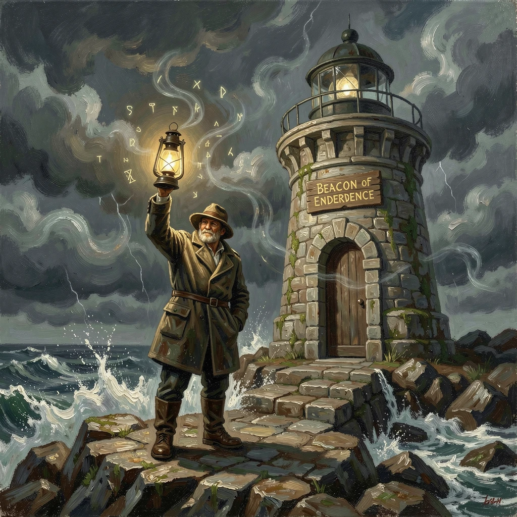 A lone lighthouse keeper battling a supernatural storm at the edge of the world, as glowing magical elements illuminate the surrounding darkness, designed to captivate the imagination while feeling grounded in realism