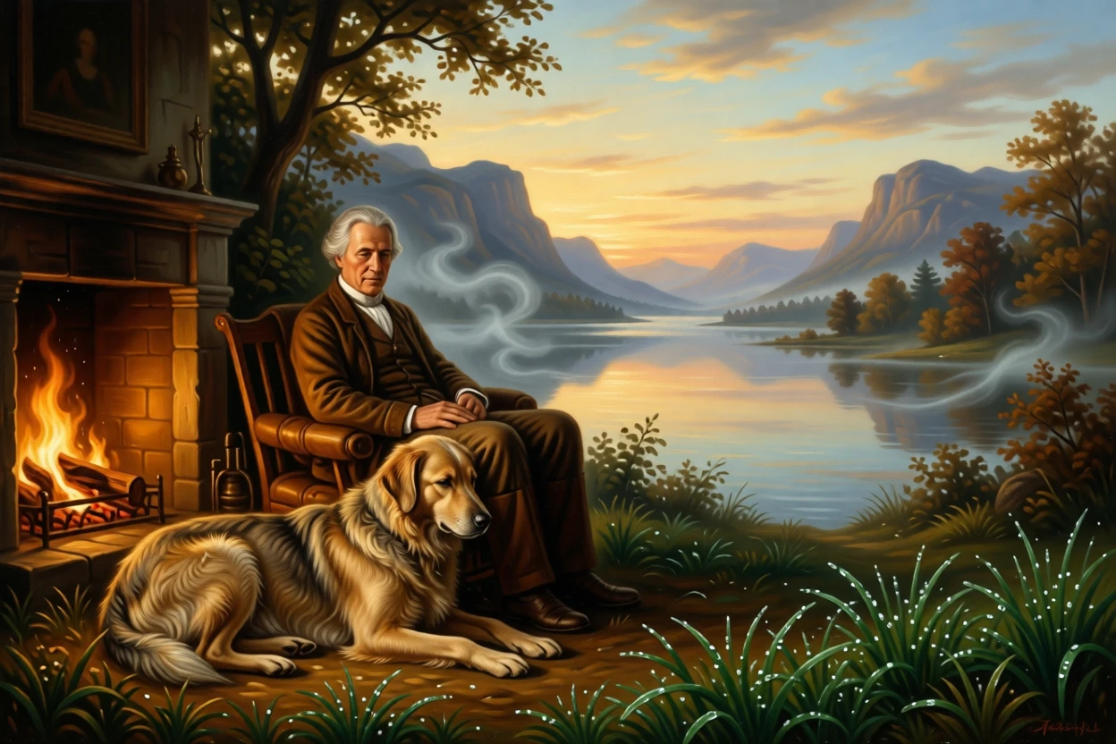 A gentle old dog resting faithfully at its owner's feet by the fire in a fleeting instant of natural beauty rarely witnessed, set beside a still lake reflecting a painterly sky, with dew-covered grass, drifting mist, and soft golden light; the animal is placed off-center to leave room for the vast, breathing landscape, evoking wonder, majesty, and reverence for the natural world.