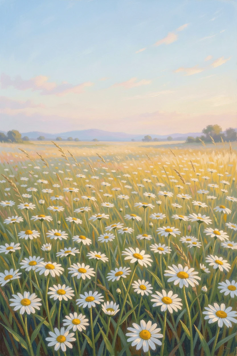 A field of wild chamomile swaying gently beneath a clear blue summer sky, as the first light of dawn breaks, evoking timeless charm and quiet elegance.
