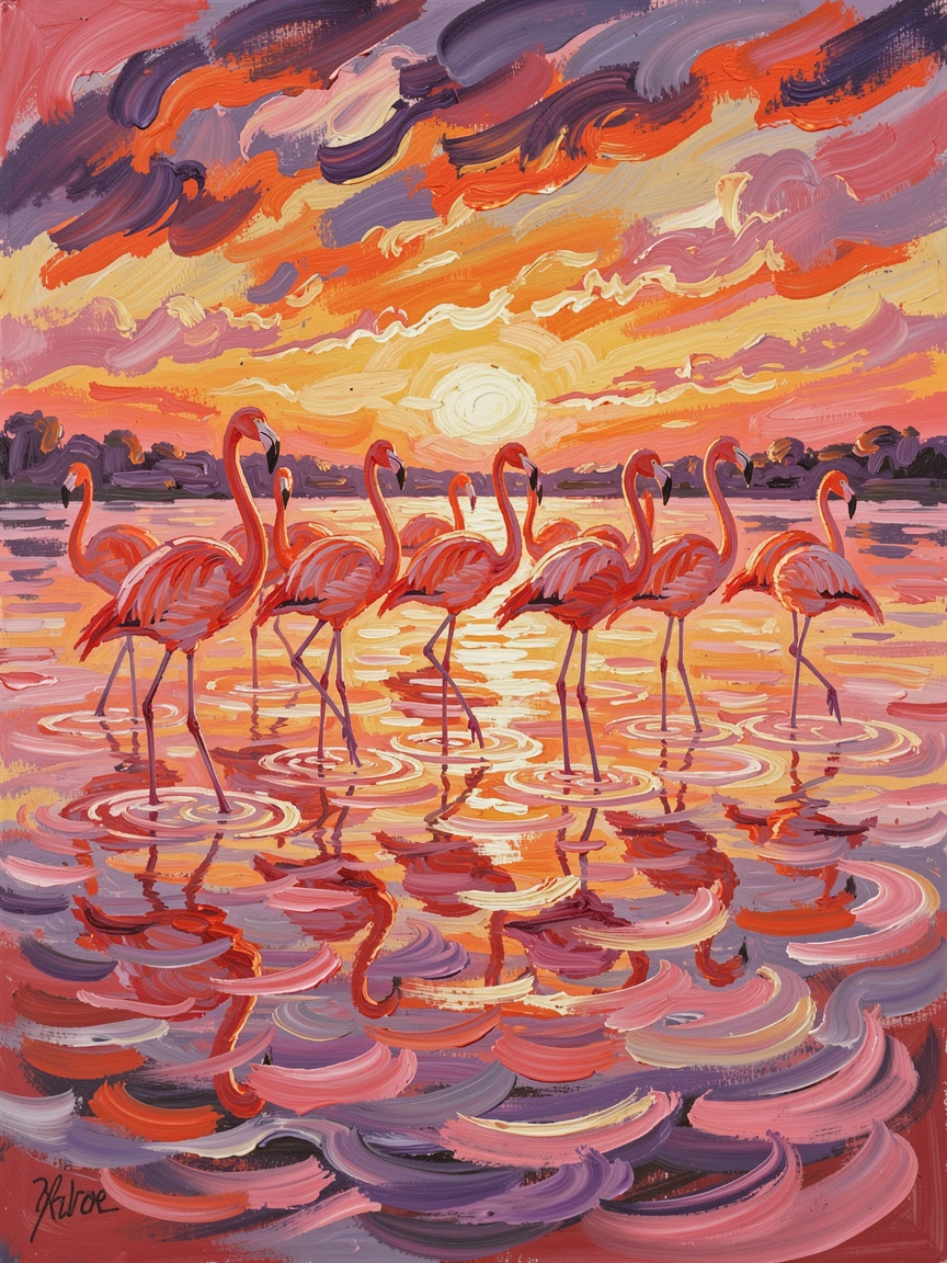 A flock of flamingos wading through a shallow pink-tinged lake at sunrise.