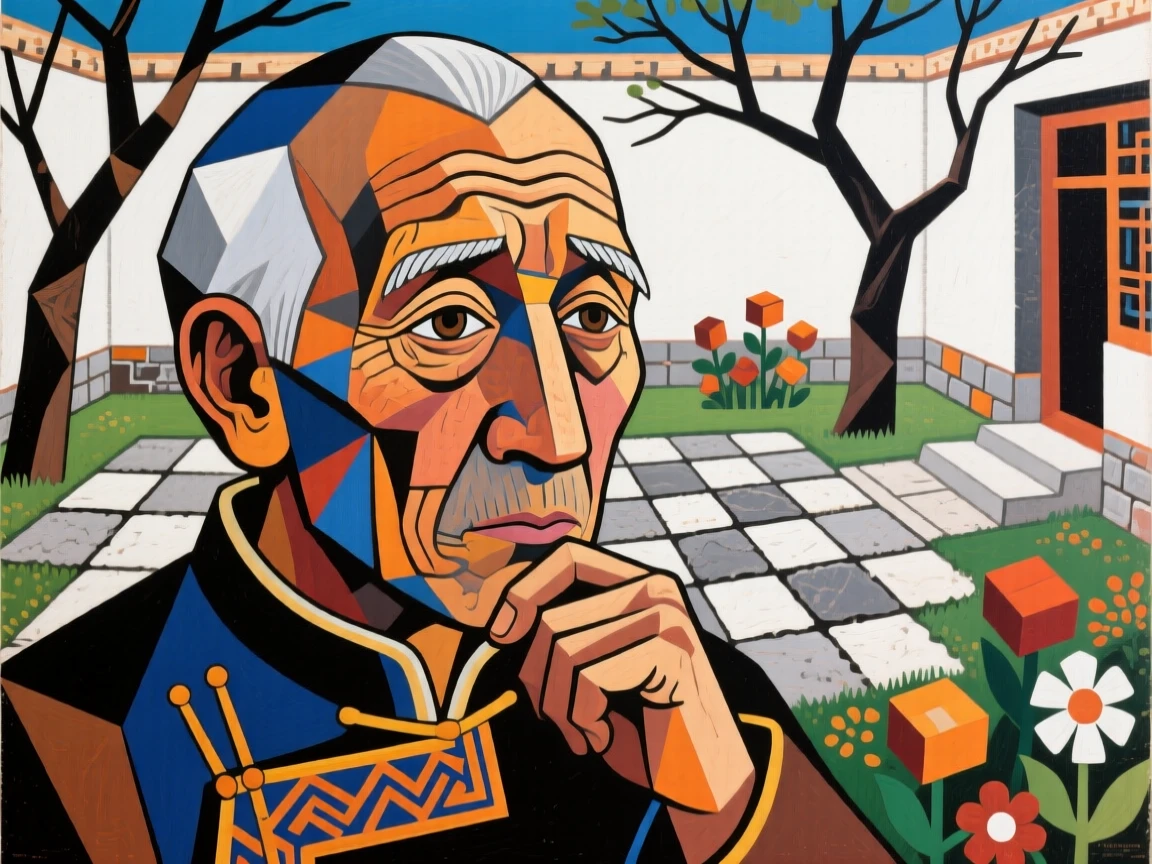 A close-up portrait of an elderly man of Mongolian heritage, lost in quiet thought, in a quiet garden courtyard.