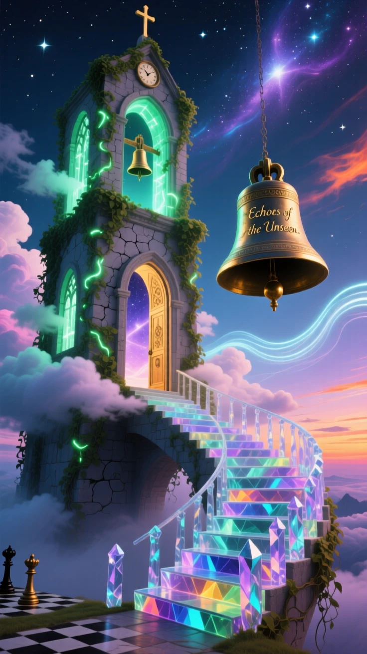 A chapel bell tower wrapped in climbing ivy of light sits quietly at the edge of an endless staircase, as clouds pass slowly through its open doorways.