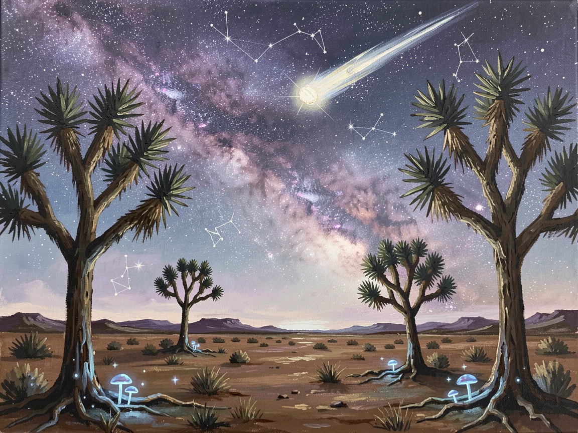 A shooting star streaks across a desert night sky filled with the dense band of the Milky Way, silhouetted joshua trees framing the scene, small magical details scattered throughout the scene rewarding a closer look.