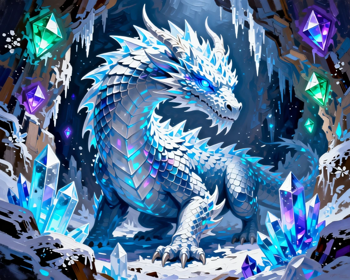 a colossal ice dragon awakening within a crystal cavern lit by glowing gems