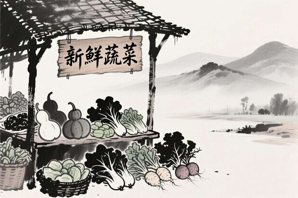 A market stall overflows with fresh vegetables beneath a woven awning, with mist settling over the surrounding hills.