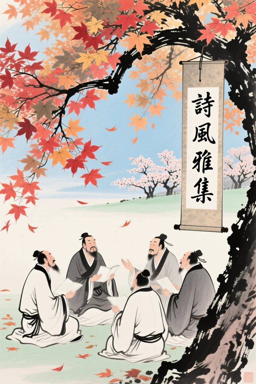 A group of scholars debating poetry beneath a canopy of maple leaves, in a warm breeze carrying the scent of blossoms, in late autumn.