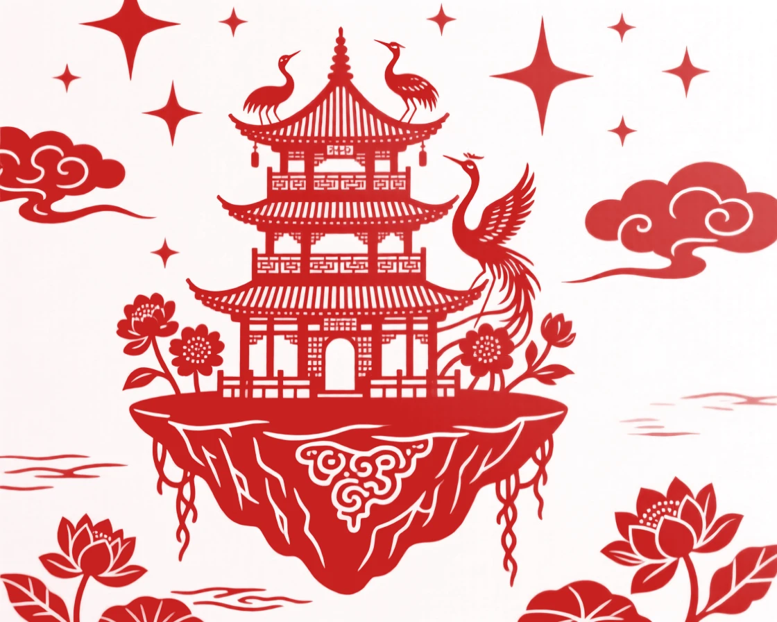 A floating island temple, spiraling upward toward a sky full of unfamiliar stars, wrapped in an aura of timeless wonder.