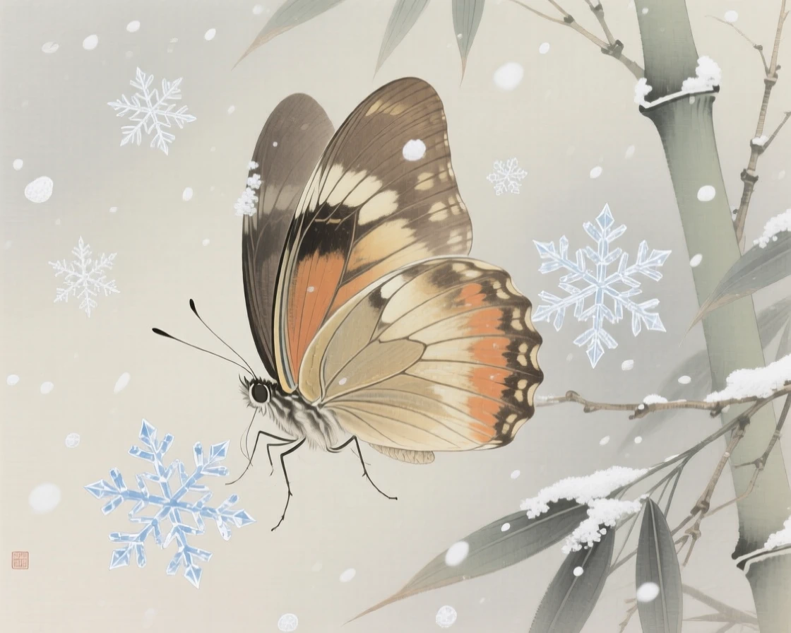 A butterfly huddled together for warmth in a light snowfall