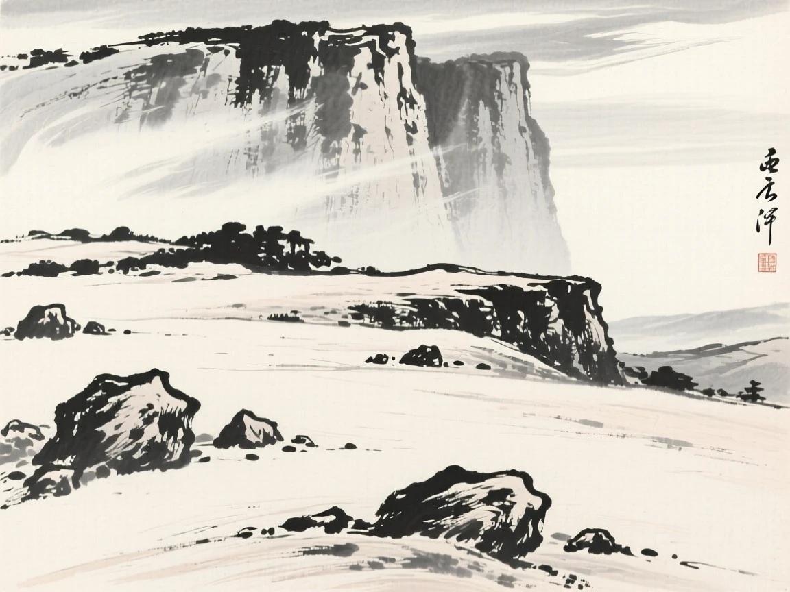 A windswept plateau scattered with wind-carved boulders beneath towering rock walls softened by haze, viewed from a high vantage point looking down across the whole scene, conveying calm reflection and gentle isolation.