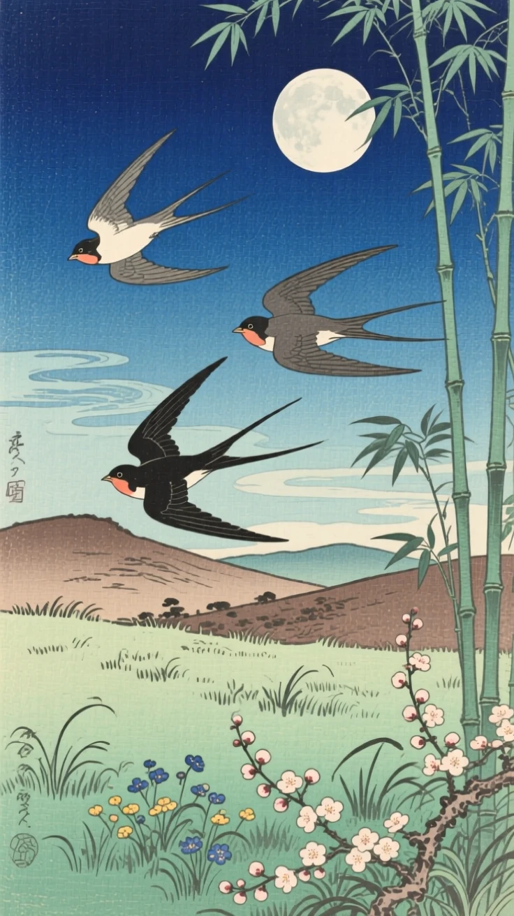 Swallows in flight resting in a moonlit meadow.
