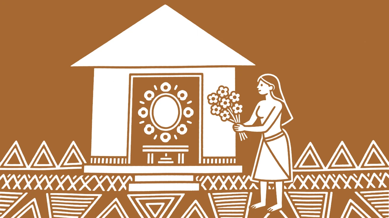 A woman offering flowers at a small shrine inside a modest village temple.