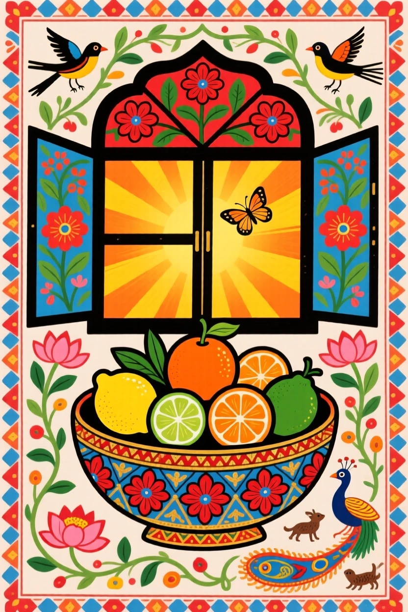 A bowl of citrus fruit glowing beneath a warm kitchen window.