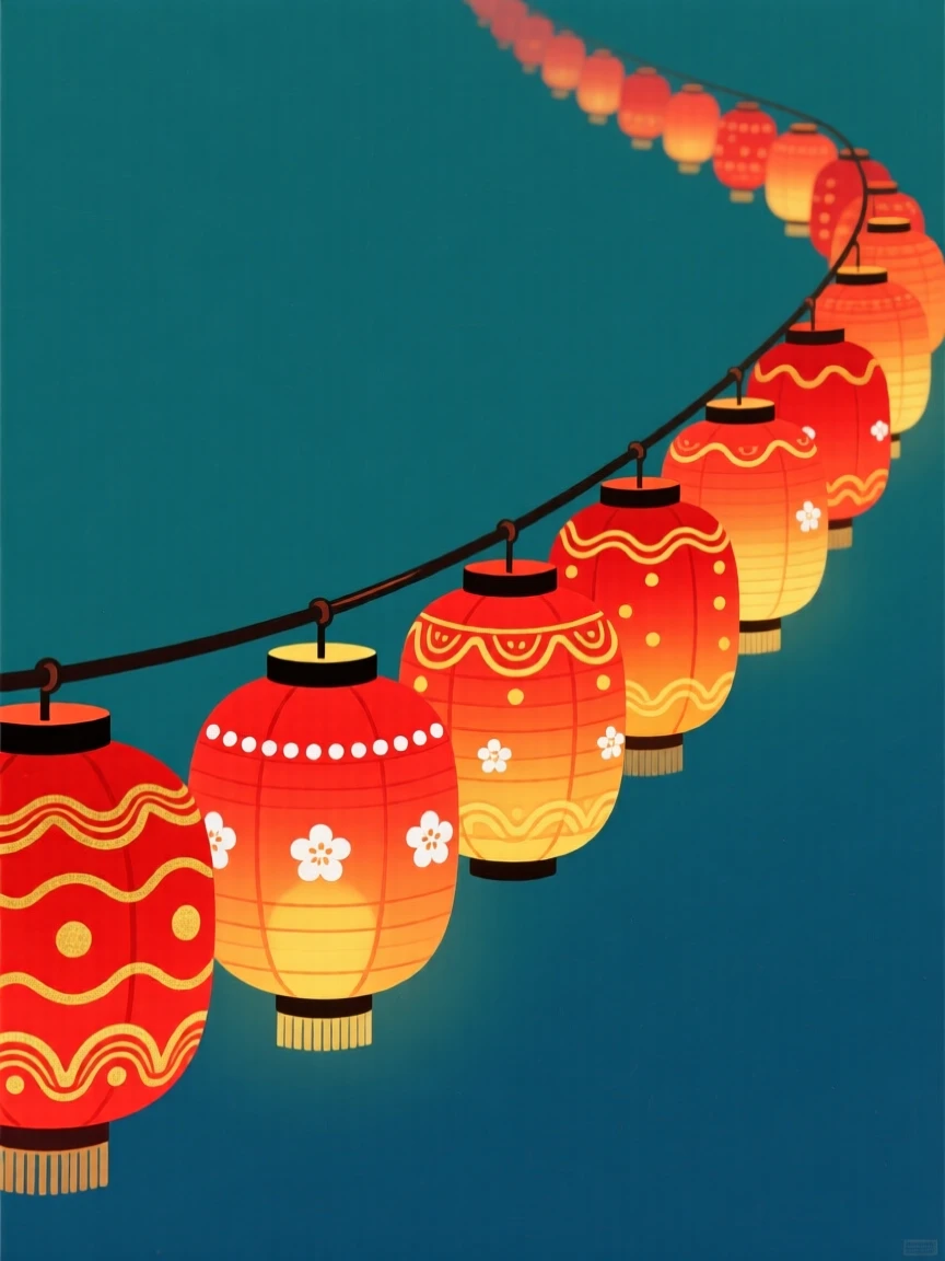 A string of red lanterns glowing in a row, symbolizing celebration and joy.