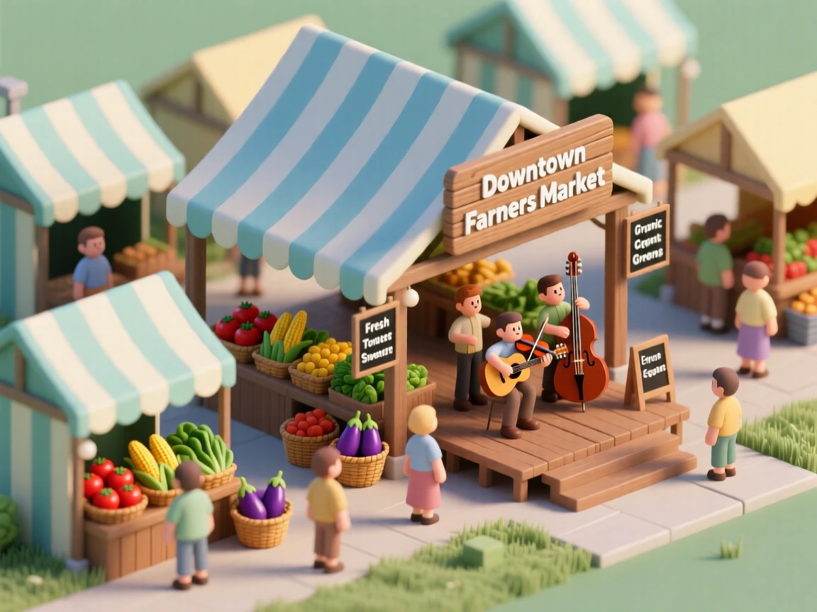 A bustling farmers market pavilion with striped tents, live music playing, and shoppers browsing baskets of fresh produce.