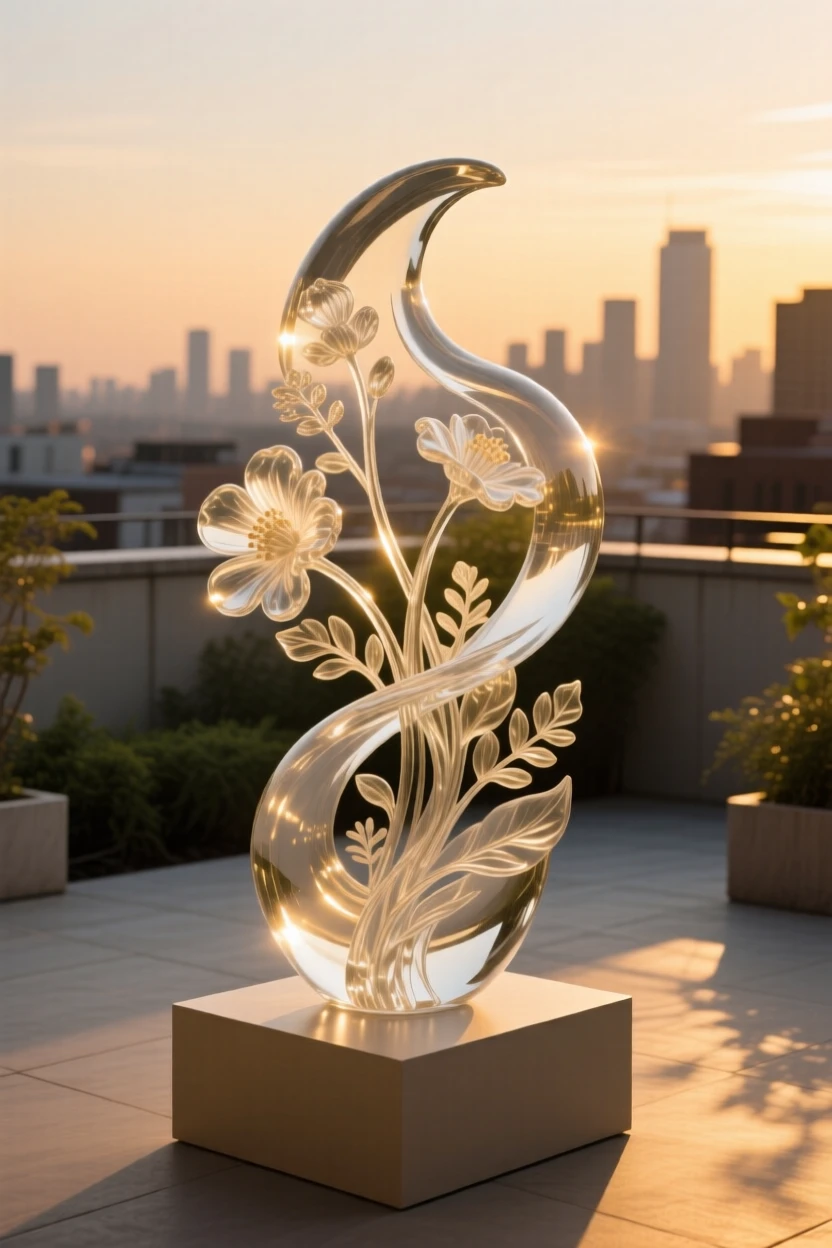 As golden light spills across the surrounding courtyard, a rooftop garden overlooking a sprawling city skyline, while the sound of distant bells drifts across the square