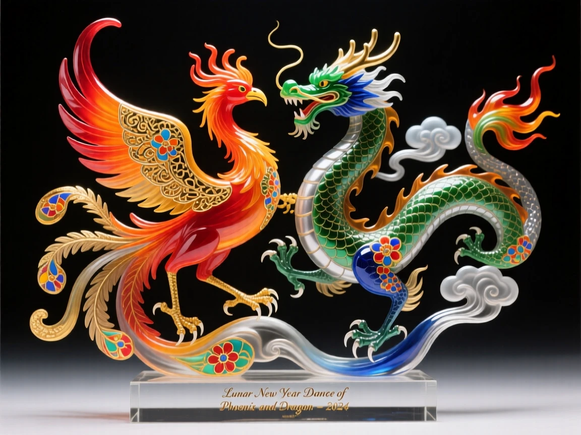 A phoenix and dragon dance performed together at a lunar new year celebration, festive and dynamic.
