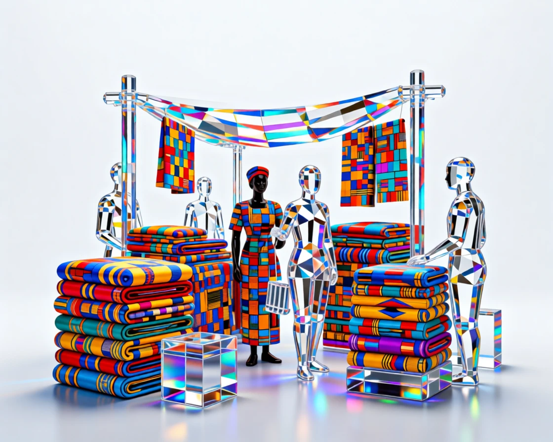 A vibrant West African textile market with stacks of colorful wax-print fabric.