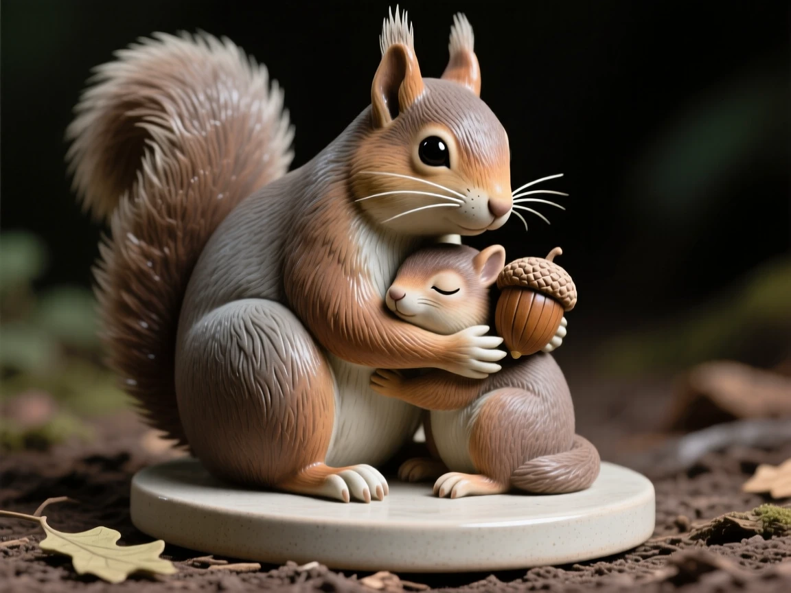 A squirrel clutching an acorn curled protectively around its young, with delicate whiskers catching the light, suggesting a deep bond between mother and young.