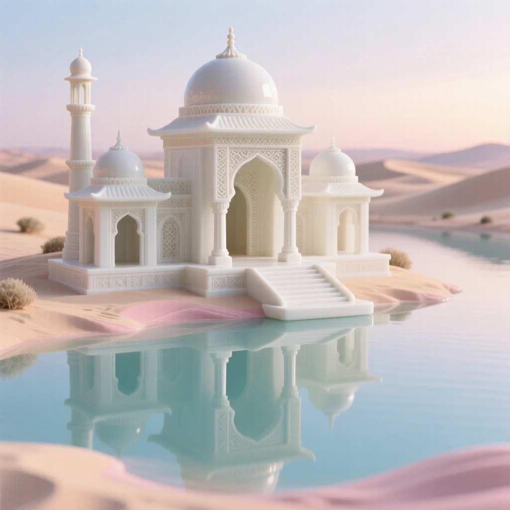 A serene desert temple complex nestled in a tranquil reflecting lake, bathed in the soft light of dawn.